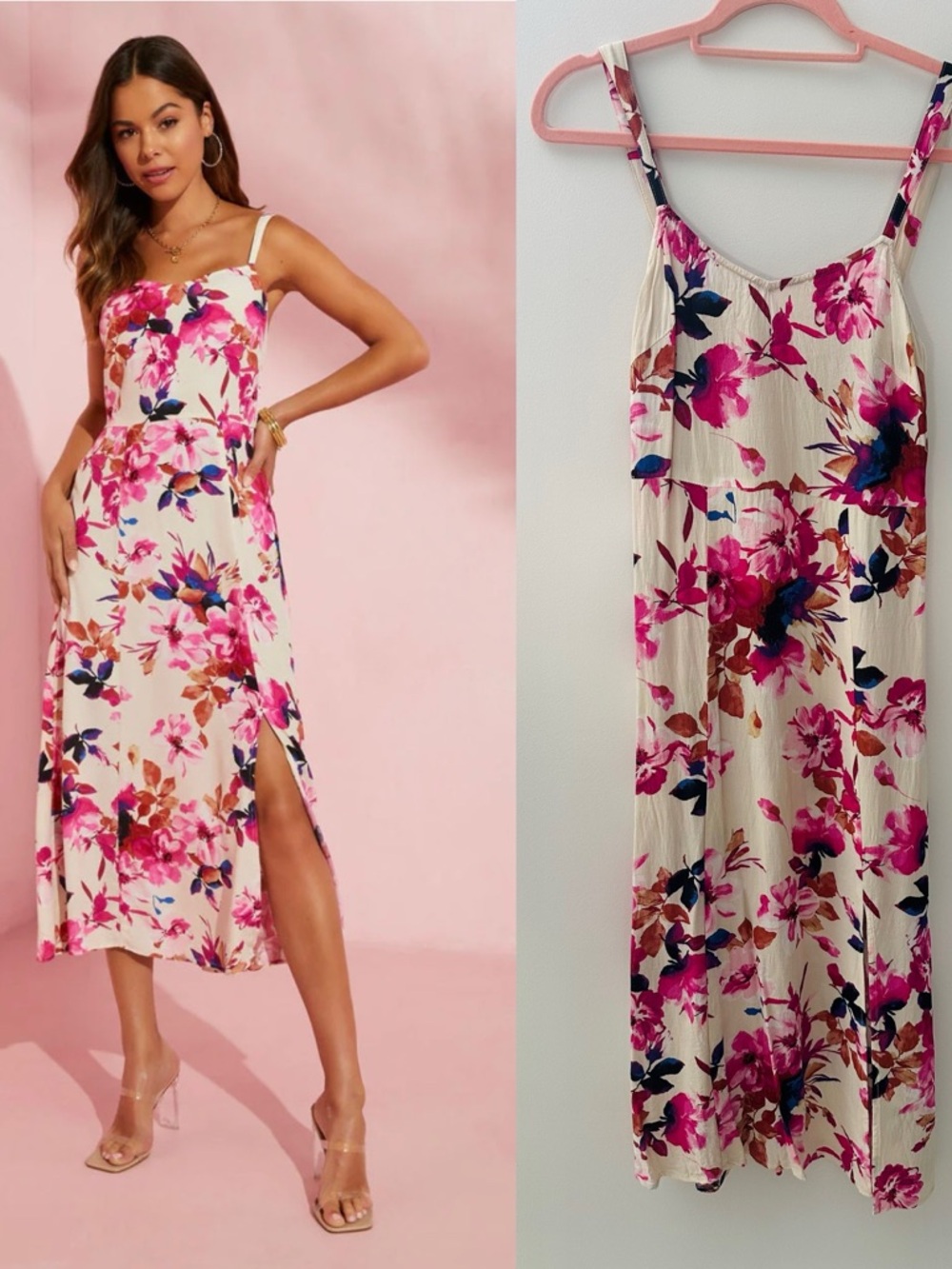 Vici Cream Floral Midi Dress with Pink & Blue Accents